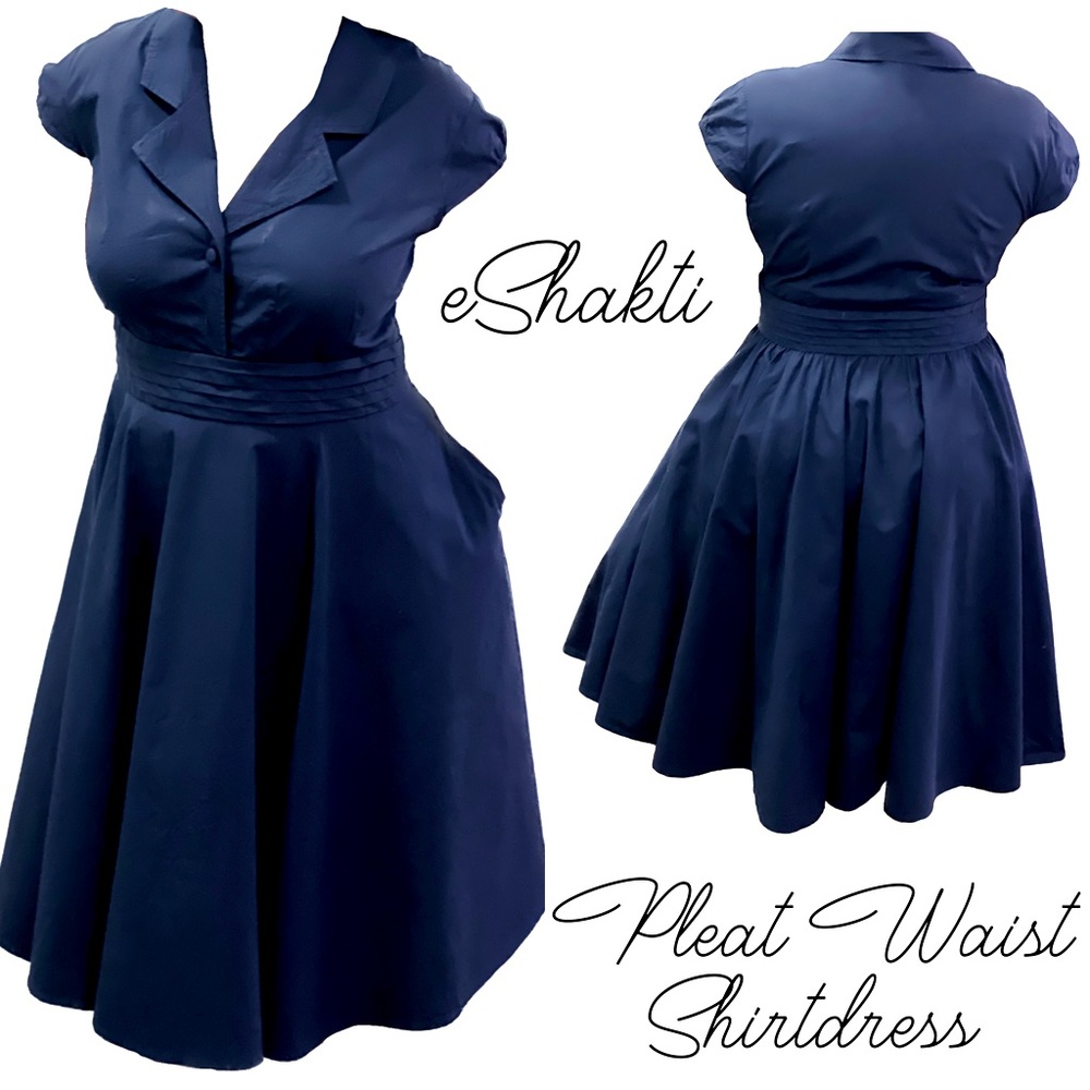 eShakti Navy Blue Pleat Waist Shirtdress